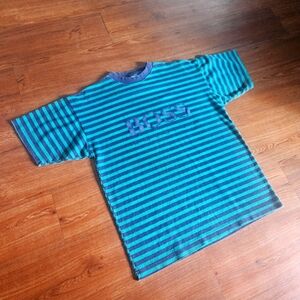 Vintage Hugo Boss America Textured Blue Green Striped T Shirt Medium